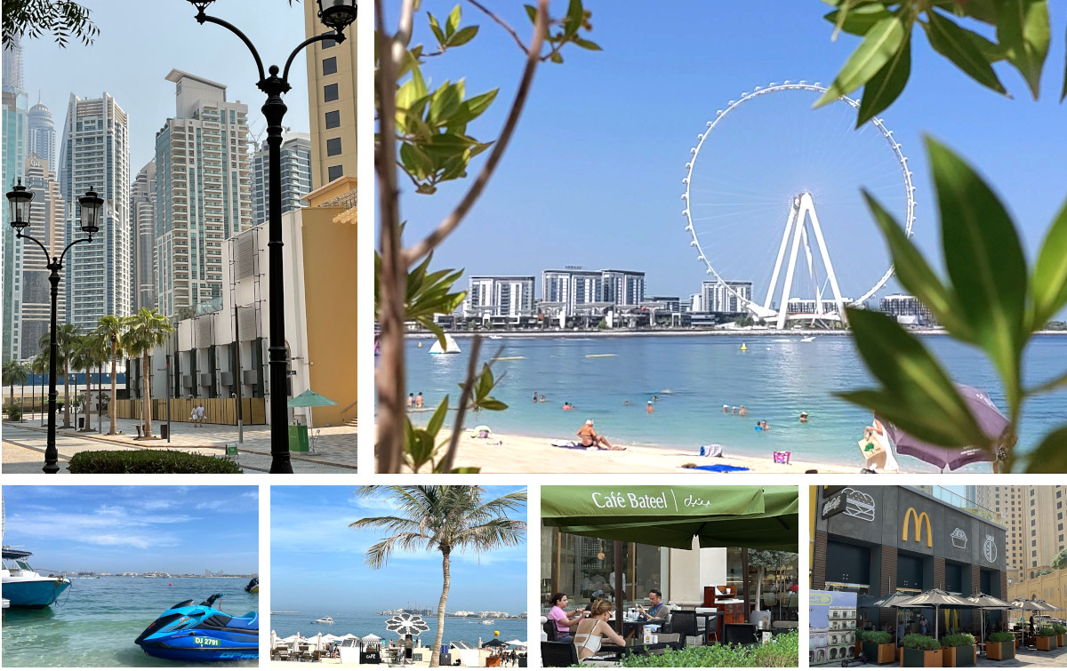 photo collage of Jumeira Beach in Dubai with a view of Dubai Ain Wheel and people relaxing at the beach, residential Royal Oceanic Tower from JBR road, people having breakfast in Bateel Cafe, McDonalds in Jumeira Beach Residence